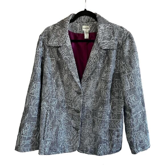 CHICO'S 3 | US XL Black White Metallic Shimmer Stitched Hali Blazer (J-276) - Picture 1 of 7